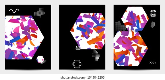 Abstract flyer templates with hexagon filled with bright colored stripes on black. Dynamic modern design with geometric shapes. Simple colorful futuristic elements.