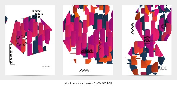 Abstract flyer templates with hexagon filled with bright colored stripes on black. Dynamic modern design with geometric shapes. Simple colorful futuristic elements.