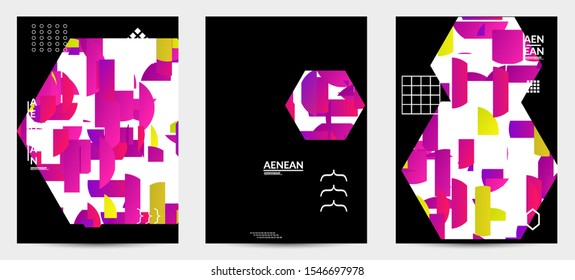 Abstract flyer templates with hexagon filled with bright colored stripes on black. Dynamic modern design with geometric shapes. Simple colorful futuristic elements.