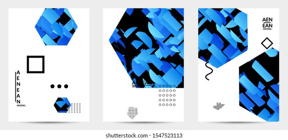 Abstract flyer templates with hexagon filled with bright colored stripes on black. Dynamic modern design with geometric shapes. Simple colorful futuristic elements.