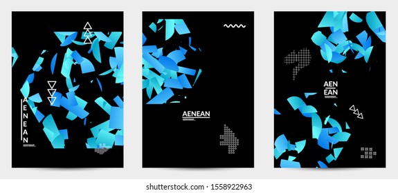 Abstract flyer templates with hexagon filled with bright colored stripes on black. Dynamic modern design with geometric shapes. Simple colorful futuristic elements.