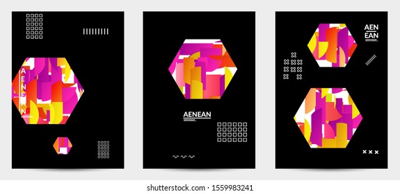 Abstract flyer templates with hexagon filled with bright colored stripes on black. Dynamic modern design with geometric shapes. Simple colorful futuristic elements.
