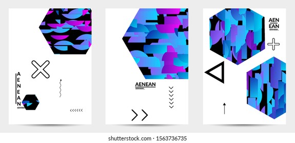 Abstract flyer templates with hexagon filled with bright colored stripes on black. Dynamic modern design with geometric shapes. Simple colorful futuristic elements.