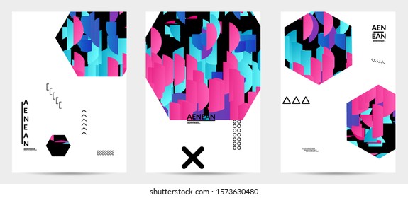 Abstract flyer templates with hexagon filled with bright colored stripes on black. Dynamic modern design with geometric shapes. Simple colorful futuristic elements.