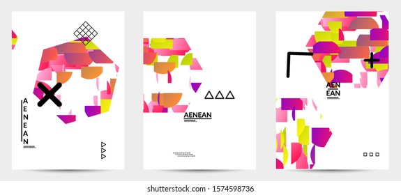 Abstract flyer templates with hexagon filled with bright colored stripes on black. Dynamic modern design with geometric shapes. Simple colorful futuristic elements.