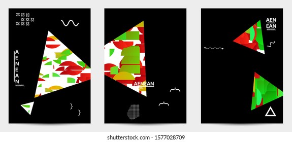 Abstract flyer templates with hexagon filled with bright colored stripes on black. Dynamic modern design with geometric shapes. Simple colorful futuristic elements.