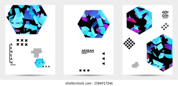 Abstract flyer templates with hexagon filled with bright colored stripes on black. Dynamic modern design with geometric shapes. Simple colorful futuristic elements.