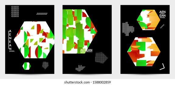 Abstract flyer templates with hexagon filled with bright colored stripes on black. Dynamic modern design with geometric shapes. Simple colorful futuristic elements.