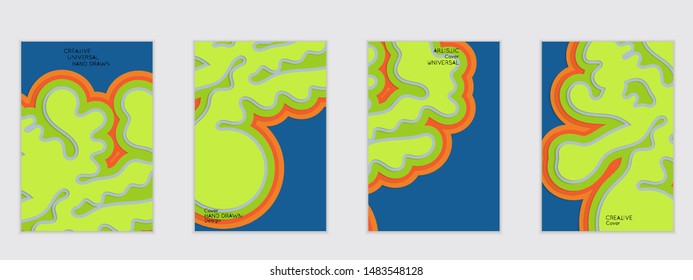 Abstract flyer templates with paper cut wavy shapes with realistic shadow on flat colored background. Social media web banner or landing page. 3D topographic flayer template