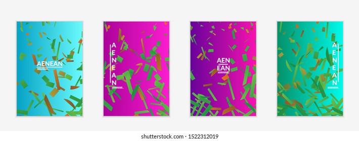Abstract flyer templates with small bright paper pieces on gradient background. Dynamic modern design with glitch gradient lines. Simple colorful futuristic elements.