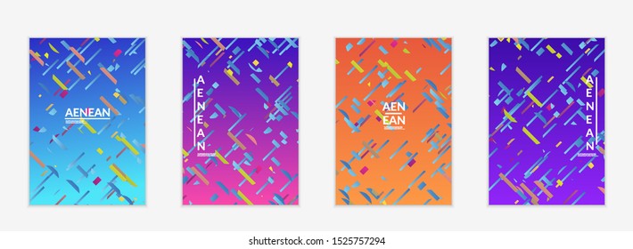 Abstract flyer templates with small bright paper pieces on gradient background. Dynamic modern design with glitch gradient lines. Simple colorful futuristic elements.