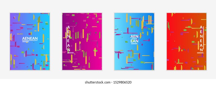Abstract flyer templates with small bright paper pieces on gradient background. Dynamic modern design with glitch gradient lines. Simple colorful futuristic elements.