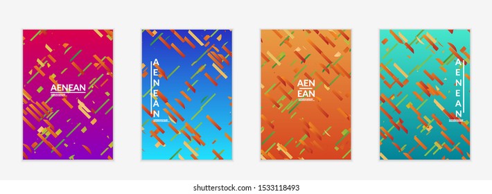 Abstract flyer templates with small bright paper pieces on gradient background. Dynamic modern design with glitch gradient lines. Simple colorful futuristic elements.