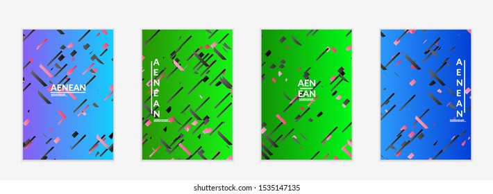 Abstract flyer templates with small bright paper pieces on gradient background. Dynamic modern design with glitch gradient lines. Simple colorful futuristic elements.