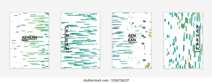 Abstract flyer templates with small bright paper pieces on white background. Dynamic modern design with glitch gradient lines. Simple colorful futuristic elements.
