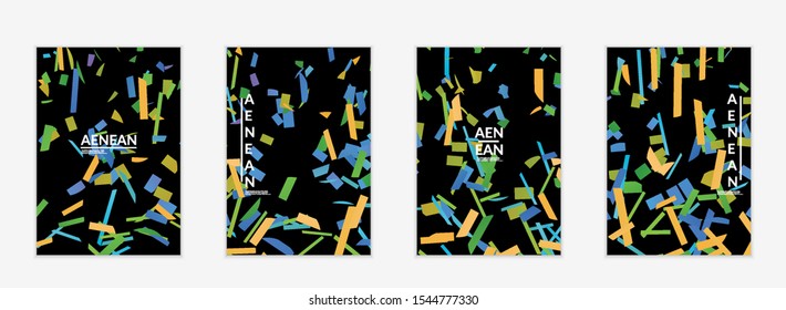 Abstract flyer templates with small bright paper pieces on black background. Dynamic modern design with glitch gradient lines. Simple colorful futuristic elements.