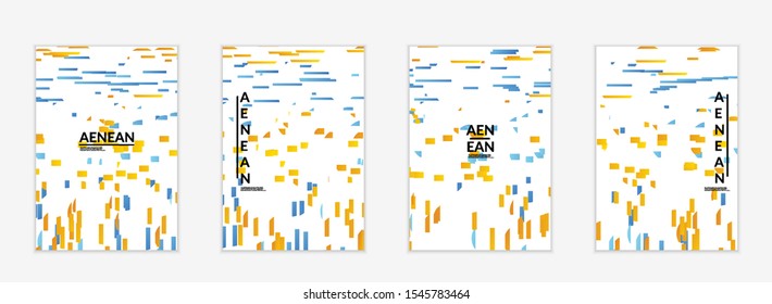 Abstract flyer templates with small bright paper pieces on white background. Dynamic modern design with glitch gradient lines. Simple colorful futuristic elements.