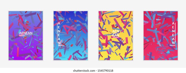 Abstract flyer templates with small bright paper pieces on gradient background. Dynamic modern design with glitch gradient lines. Simple colorful futuristic elements.