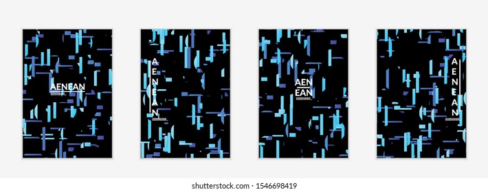 Abstract flyer templates with small bright paper pieces on black background. Dynamic modern design with glitch gradient lines. Simple colorful futuristic elements.