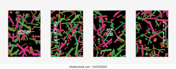 Abstract flyer templates with small bright paper pieces on black background. Dynamic modern design with glitch gradient lines. Simple colorful futuristic elements.