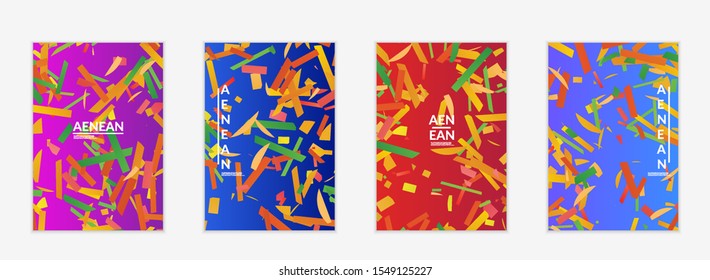 Abstract flyer templates with small bright paper pieces on gradient background. Dynamic modern design with glitch gradient lines. Simple colorful futuristic elements.