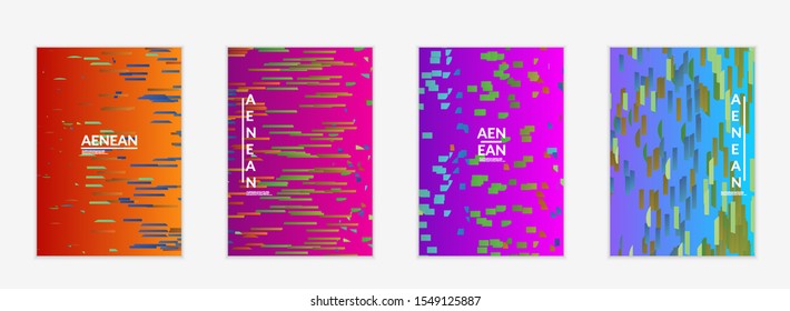 Abstract flyer templates with small bright paper pieces on gradient background. Dynamic modern design with glitch gradient lines. Simple colorful futuristic elements.