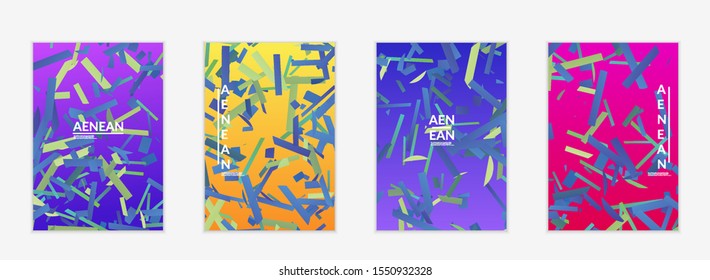 Abstract flyer templates with small bright paper pieces on gradient background. Dynamic modern design with glitch gradient lines. Simple colorful futuristic elements.