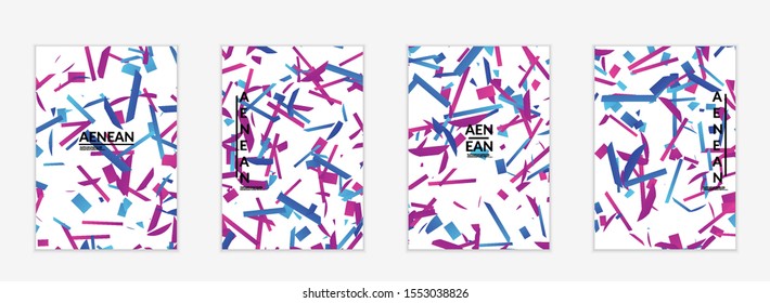 Abstract flyer templates with small bright paper pieces on white background. Dynamic modern design with glitch gradient lines. Simple colorful futuristic elements.