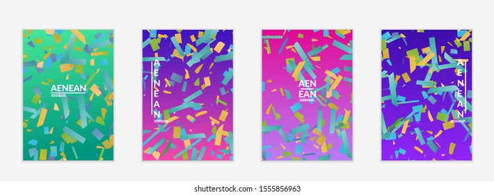 Abstract flyer templates with small bright paper pieces on gradient background. Dynamic modern design with glitch gradient lines. Simple colorful futuristic elements.