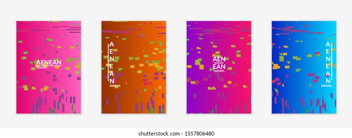 Abstract flyer templates with small bright paper pieces on gradient background. Dynamic modern design with glitch gradient lines. Simple colorful futuristic elements.