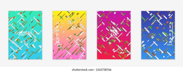 Abstract flyer templates with small bright paper pieces on gradient background. Dynamic modern design with glitch gradient lines. Simple colorful futuristic elements.
