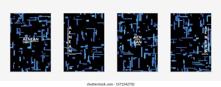 Abstract flyer templates with small bright paper pieces on black background. Dynamic modern design with glitch gradient lines. Simple colorful futuristic elements.