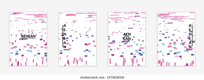 Abstract flyer templates with small bright paper pieces on white background. Dynamic modern design with glitch gradient lines. Simple colorful futuristic elements.