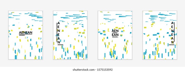 Abstract flyer templates with small bright paper pieces on white background. Dynamic modern design with glitch gradient lines. Simple colorful futuristic elements.