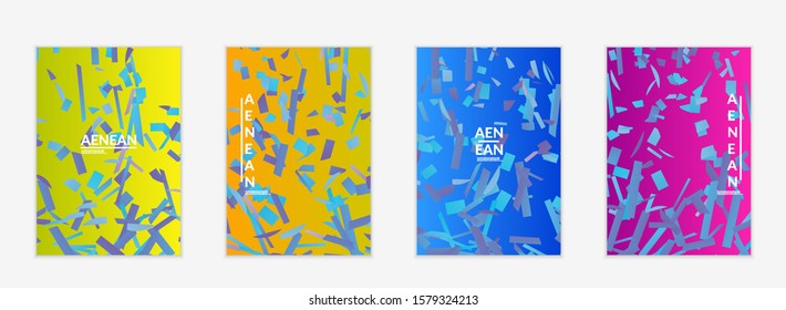 Abstract flyer templates with small bright paper pieces on gradient background. Dynamic modern design with glitch gradient lines. Simple colorful futuristic elements.