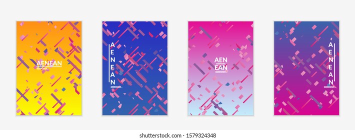 Abstract flyer templates with small bright paper pieces on gradient background. Dynamic modern design with glitch gradient lines. Simple colorful futuristic elements.