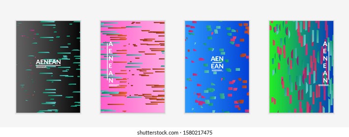 Abstract flyer templates with small bright paper pieces on gradient background. Dynamic modern design with glitch gradient lines. Simple colorful futuristic elements.
