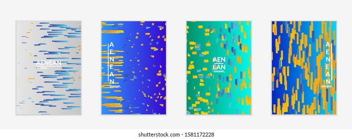 Abstract flyer templates with small bright paper pieces on gradient background. Dynamic modern design with glitch gradient lines. Simple colorful futuristic elements.