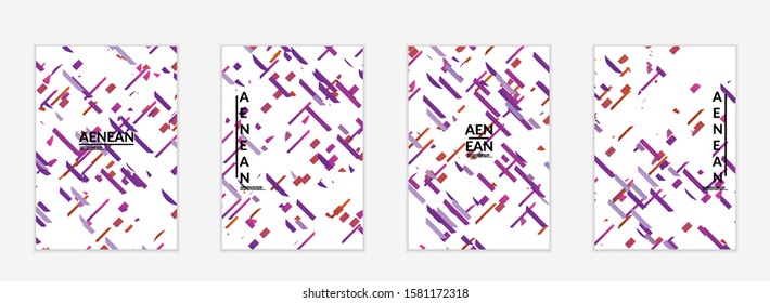 Abstract flyer templates with small bright paper pieces on white background. Dynamic modern design with glitch gradient lines. Simple colorful futuristic elements.