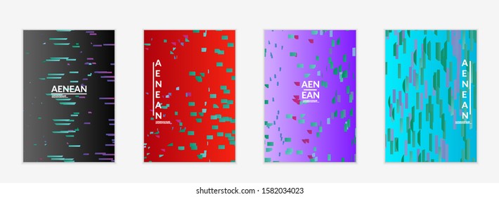 Abstract flyer templates with small bright paper pieces on gradient background. Dynamic modern design with glitch gradient lines. Simple colorful futuristic elements.