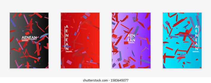 Abstract flyer templates with small bright paper pieces on gradient background. Dynamic modern design with glitch gradient lines. Simple colorful futuristic elements.
