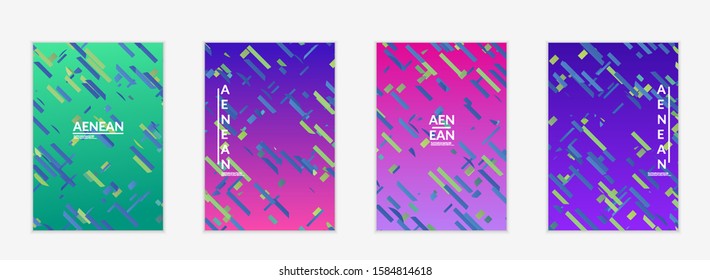 Abstract flyer templates with small bright paper pieces on gradient background. Dynamic modern design with glitch gradient lines. Simple colorful futuristic elements.