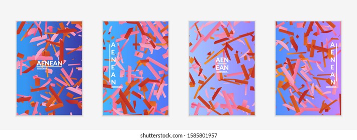 Abstract flyer templates with small bright paper pieces on gradient background. Dynamic modern design with glitch gradient lines. Simple colorful futuristic elements.