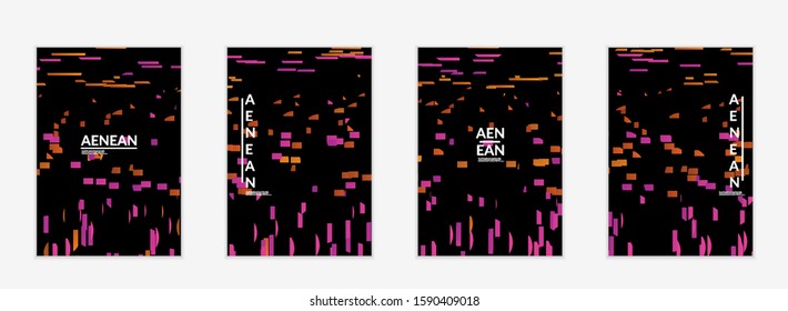 Abstract flyer templates with small bright paper pieces on black background. Dynamic modern design with glitch gradient lines. Simple colorful futuristic elements.