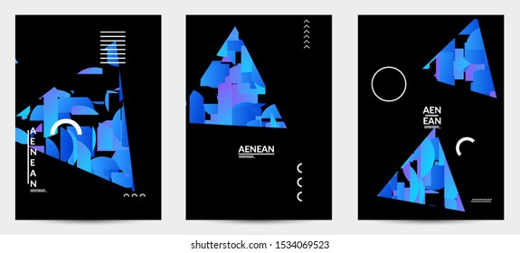Abstract flyer templates with triangle filled with bright colored stripes on black. Dynamic modern design with geometric shapes. Simple colorful futuristic elements.