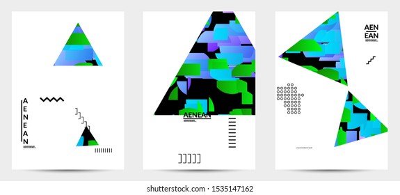 Abstract flyer templates with triangle filled with bright colored stripes on white. Dynamic modern design with geometric shapes. Simple colorful futuristic elements.