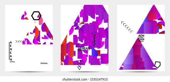 Abstract flyer templates with triangle filled with bright colored stripes on white. Dynamic modern design with geometric shapes. Simple colorful futuristic elements.