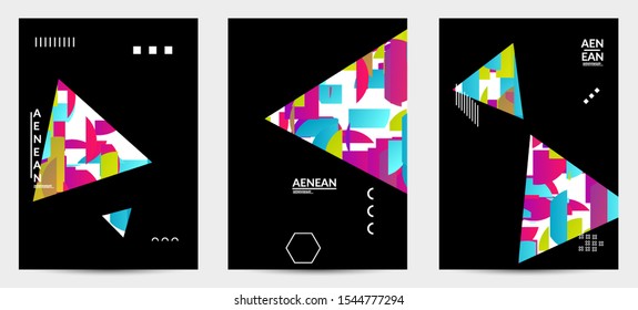 Abstract flyer templates with triangle filled with bright colored stripes on black. Dynamic modern design with geometric shapes. Simple colorful futuristic elements.