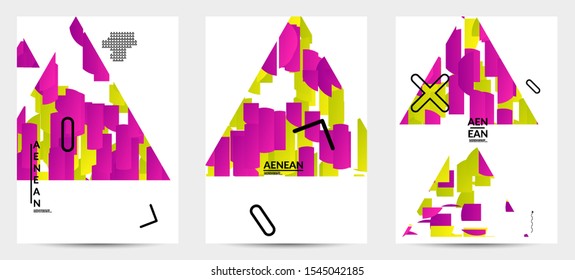 Abstract flyer templates with triangle filled with bright colored stripes on white. Dynamic modern design with geometric shapes. Simple colorful futuristic elements.