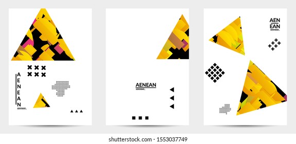 Abstract flyer templates with triangle filled with bright colored stripes on white. Dynamic modern design with geometric shapes. Simple colorful futuristic elements.